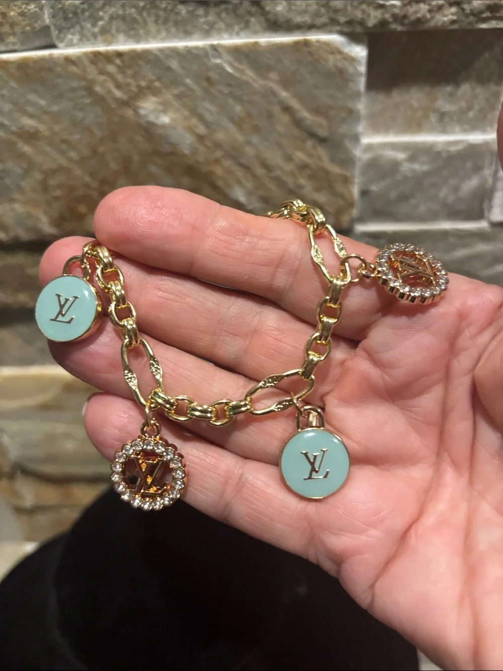 Gold Charm Bracelet with baby blue Enamel and Crystal Accents
